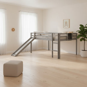 HomeRoots Gray Four Poster Solid Wood Loft Bed with Slide – Stylish, Space-Saving Design for Kids’ Rooms! 607010