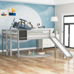 HomeRoots Gray Four Poster Solid Wood Loft Bed with Slide – Stylish, Space-Saving Design for Kids’ Rooms! 607010