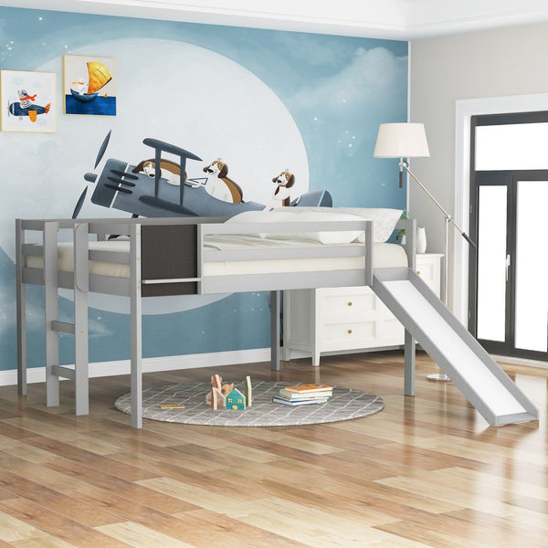 HomeRoots Gray Four Poster Solid Wood Loft Bed with Slide – Stylish, Space-Saving Design for Kids’ Rooms! 607010