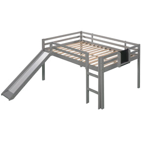 HomeRoots Gray Four Poster Solid Wood Loft Bed with Slide – Stylish, Space-Saving Design for Kids’ Rooms! 607010