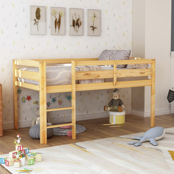 HomeRoots Walnut Four Poster Twin Loft Bed - Stylish Solid Wood Design for Space-Saving Functionality & Charm 607011