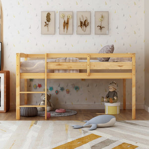HomeRoots Walnut Four Poster Twin Loft Bed - Stylish Solid Wood Design for Space-Saving Functionality & Charm 607011