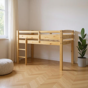 HomeRoots Walnut Four Poster Twin Loft Bed - Stylish Solid Wood Design for Space-Saving Functionality & Charm 607011
