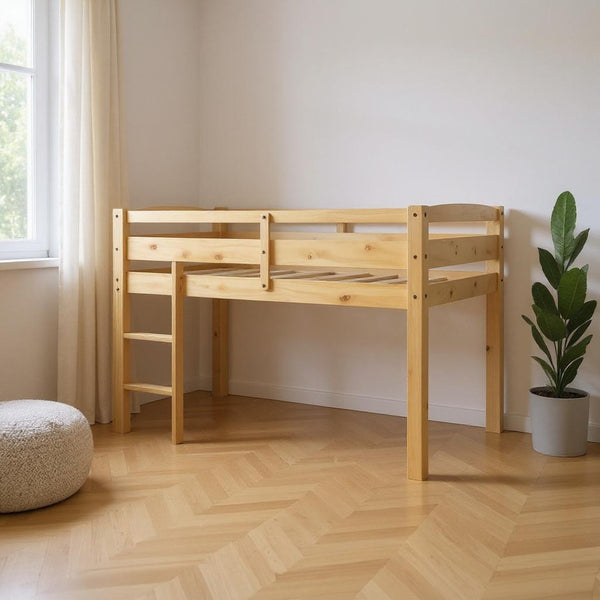 HomeRoots Walnut Four Poster Twin Loft Bed - Stylish Solid Wood Design for Space-Saving Functionality & Charm 607011