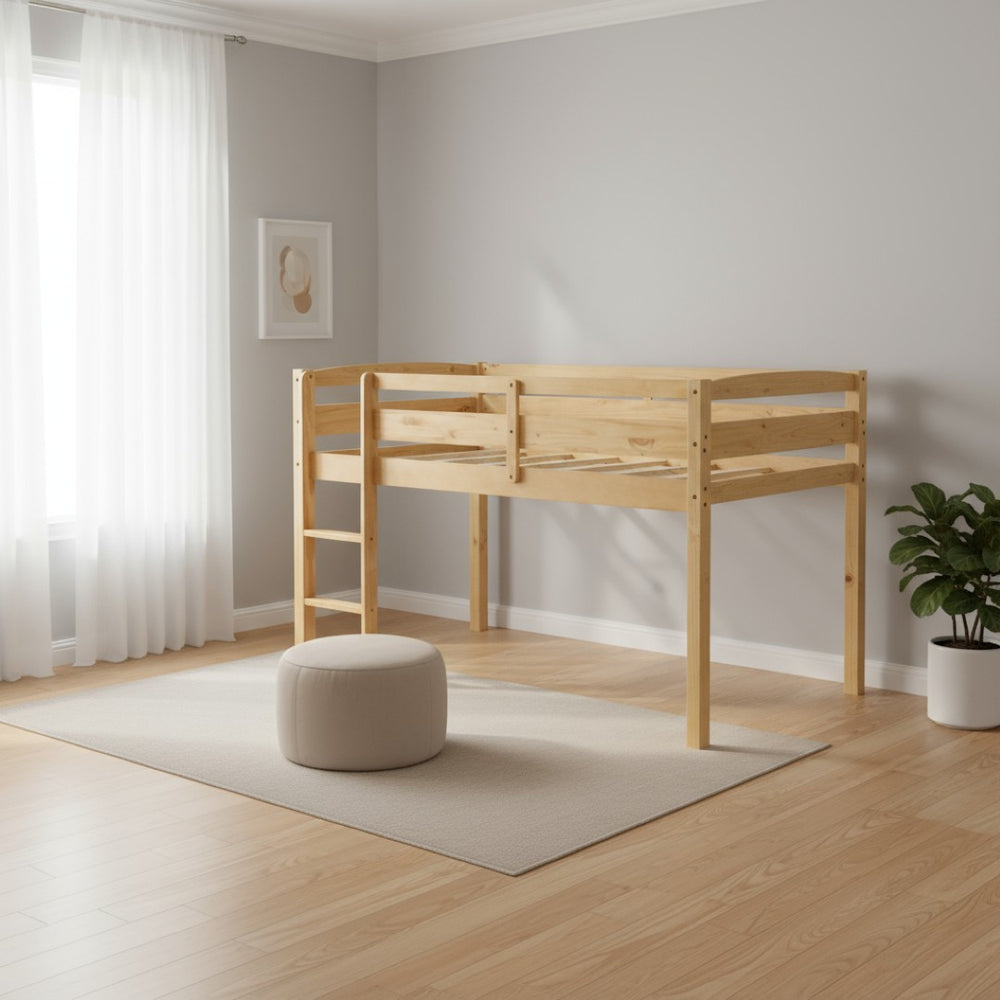 HomeRoots Walnut Four Poster Twin Loft Bed - Stylish Solid Wood Design for Space-Saving Functionality & Charm 607011
