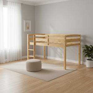 HomeRoots Walnut Four Poster Twin Loft Bed - Stylish Solid Wood Design for Space-Saving Functionality & Charm 607011