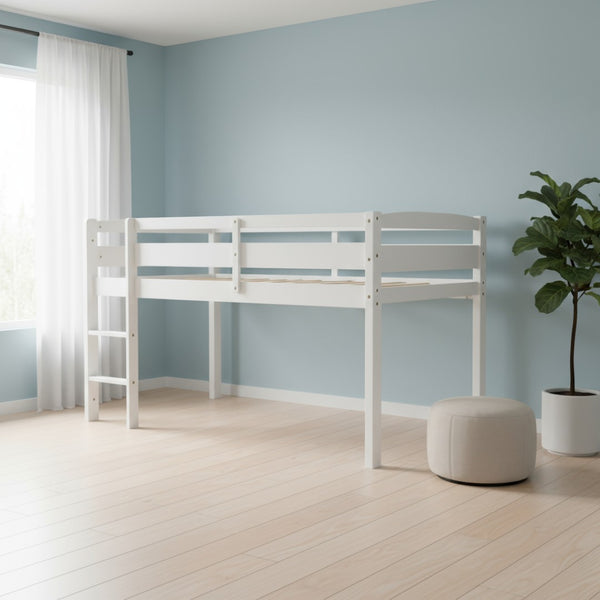 HomeRoots White Four Poster Solid Wood Twin Loft Bed - Elegant Space-Saving Design with Clean Finish & Durability 607012