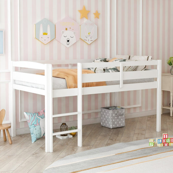 HomeRoots White Four Poster Solid Wood Twin Loft Bed - Elegant Space-Saving Design with Clean Finish & Durability 607012
