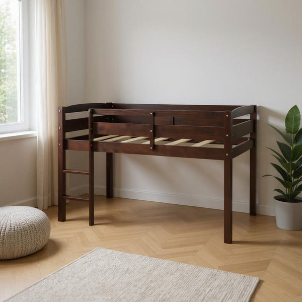 HomeRoots Espresso Twin Loft Bed - Solid Wood Four-Poster Design for Space-Saving Style & Functionality! 607013