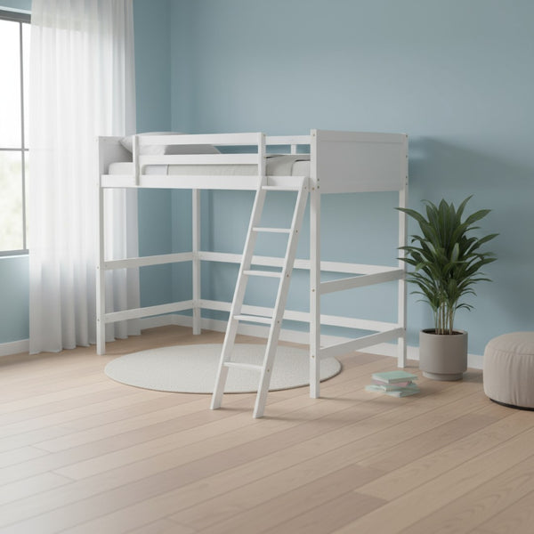 HomeRoots White Four Poster Twin Loft Bed - Stylish Solid Wood Design for Space-Saving & Timeless Charm 607015