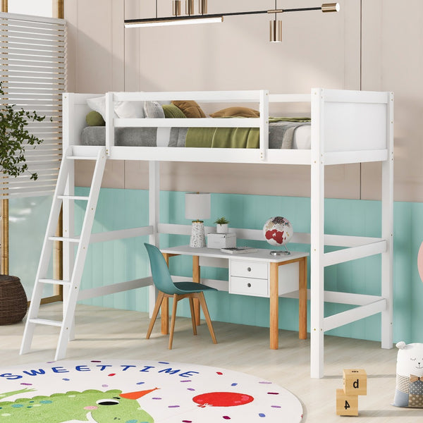 HomeRoots White Four Poster Twin Loft Bed - Stylish Solid Wood Design for Space-Saving & Timeless Charm 607015
