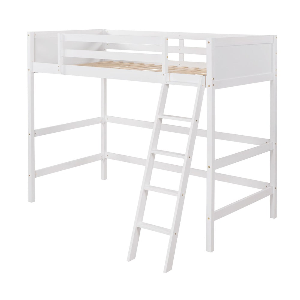 HomeRoots White Four Poster Twin Loft Bed - Stylish Solid Wood Design for Space-Saving & Timeless Charm 607015