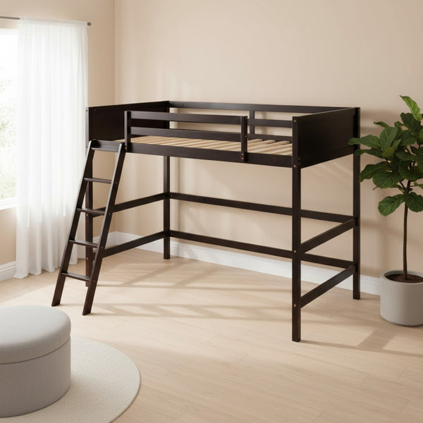 HomeRoots Espresso Four-Poster Twin Loft Bed - Solid Wood, Space-Saving Design for Stylish Bedrooms & Storage 607016