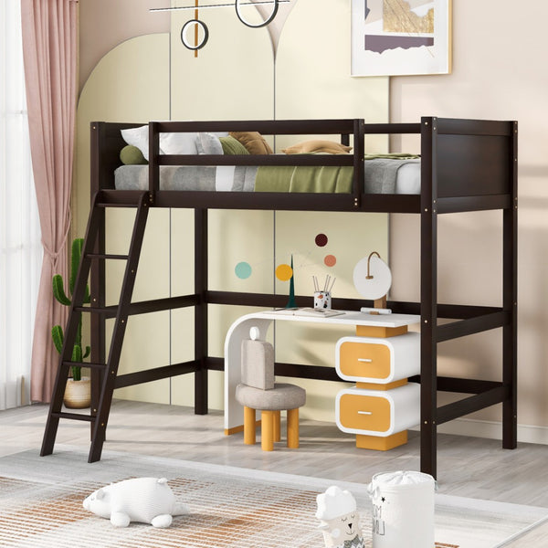 HomeRoots Espresso Four-Poster Twin Loft Bed - Solid Wood, Space-Saving Design for Stylish Bedrooms & Storage 607016