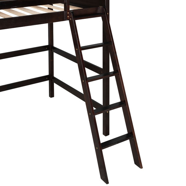 HomeRoots Espresso Four-Poster Twin Loft Bed - Solid Wood, Space-Saving Design for Stylish Bedrooms & Storage 607016