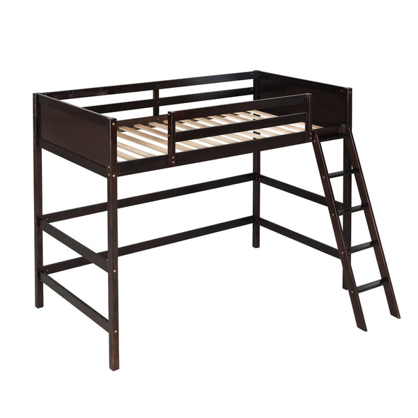 HomeRoots Espresso Four-Poster Twin Loft Bed - Solid Wood, Space-Saving Design for Stylish Bedrooms & Storage 607016