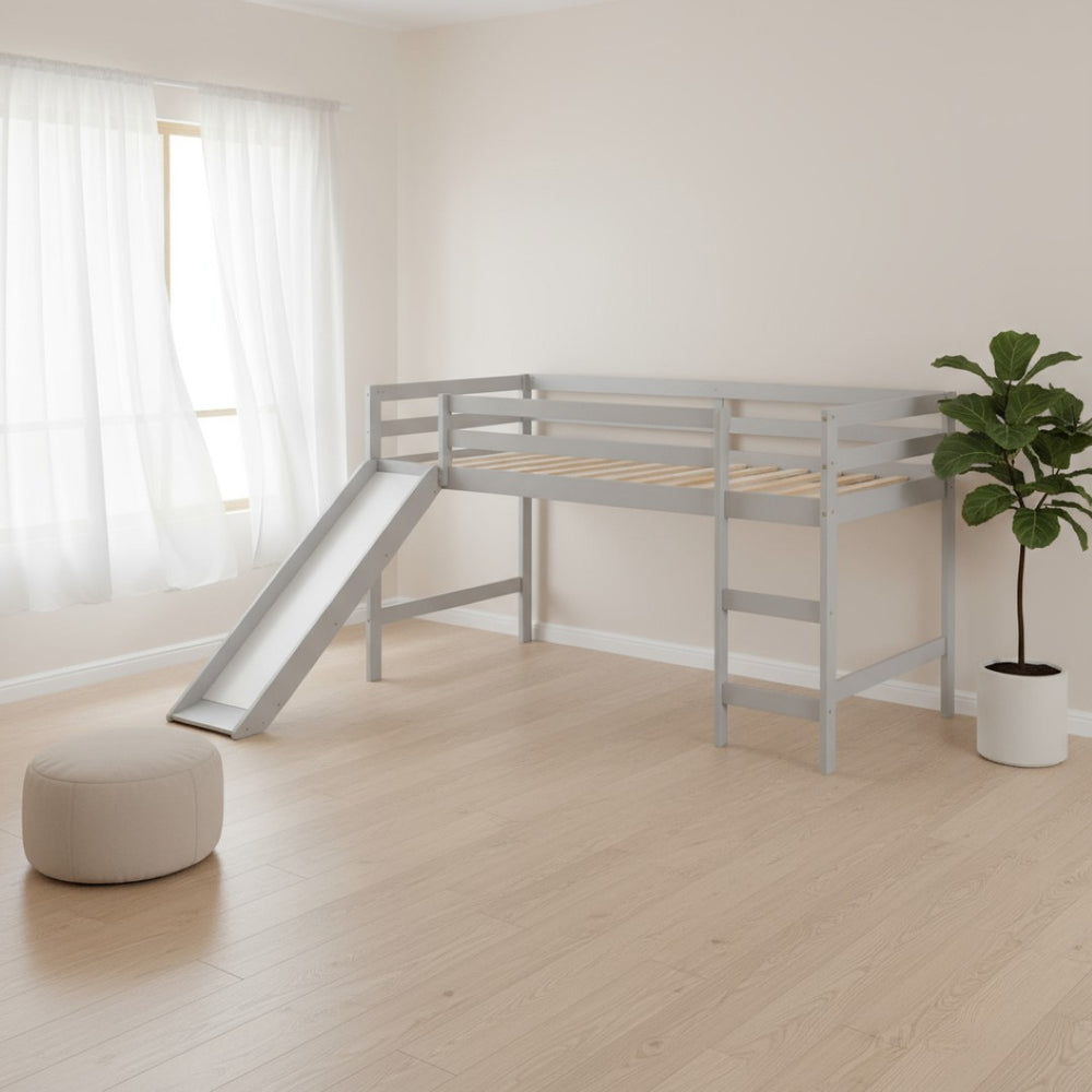 HomeRoots Gray Four Poster Solid Wood Twin Loft Bed with Fun Slide - Space-Saving Design & Elegant Finish 607017