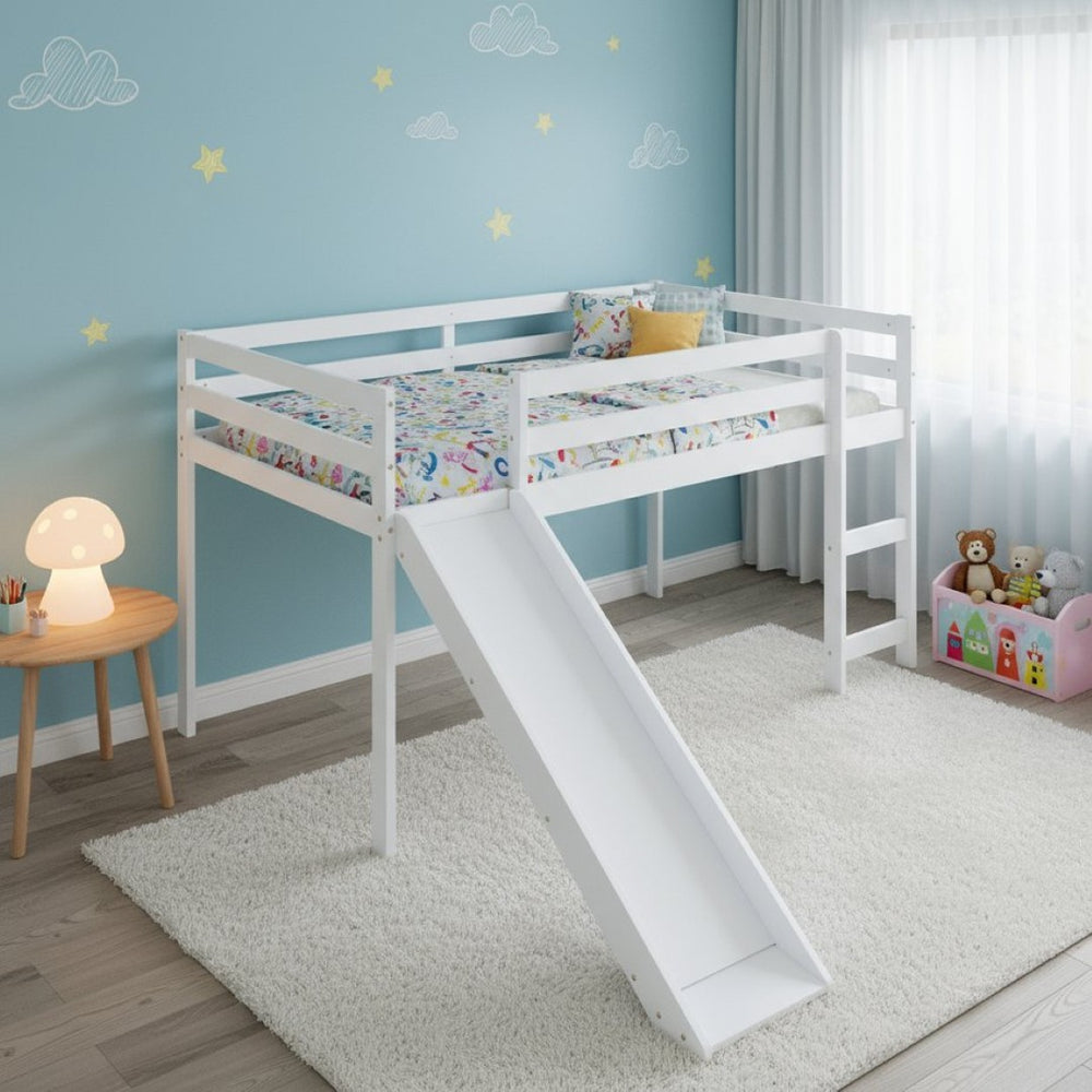 HomeRoots White Four Poster Twin Loft Bed with Slide - Stylish Solid Wood Design for Kids' Rooms & Storage 607018