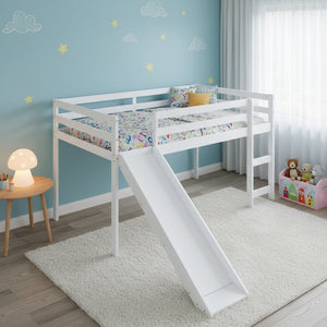 HomeRoots White Four Poster Twin Loft Bed with Slide - Stylish Solid Wood Design for Kids' Rooms & Storage 607018