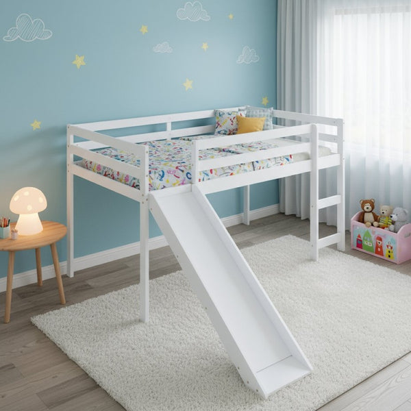 HomeRoots White Four Poster Twin Loft Bed with Slide - Stylish Solid Wood Design for Kids' Rooms & Storage 607018