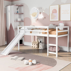 HomeRoots White Four Poster Twin Loft Bed with Slide - Stylish Solid Wood Design for Kids' Rooms & Storage 607018