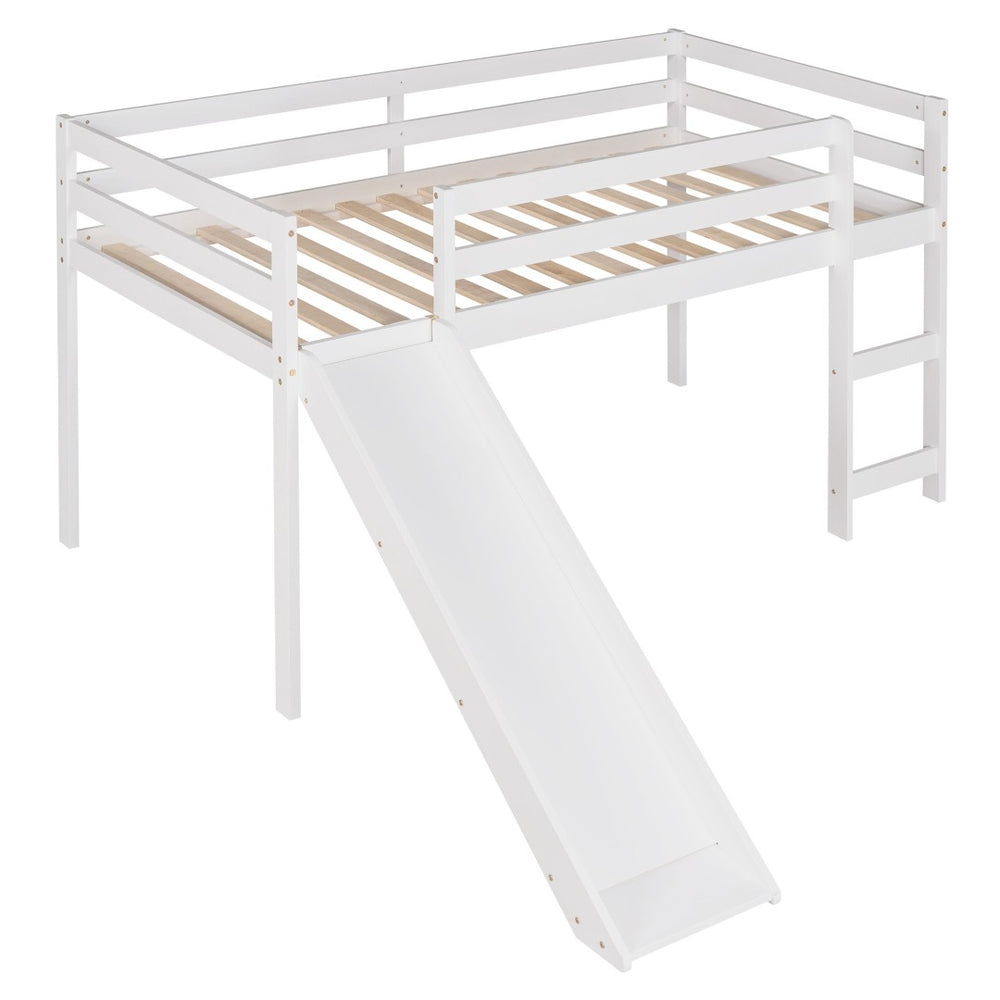 HomeRoots White Four Poster Twin Loft Bed with Slide - Stylish Solid Wood Design for Kids' Rooms & Storage 607018