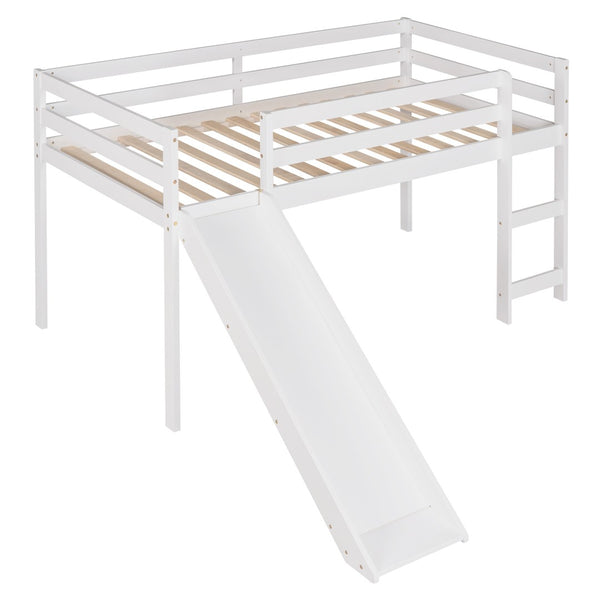HomeRoots White Four Poster Twin Loft Bed with Slide - Stylish Solid Wood Design for Kids' Rooms & Storage 607018