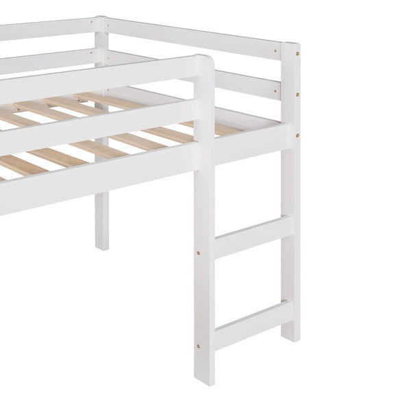 HomeRoots White Four Poster Twin Loft Bed with Slide - Stylish Solid Wood Design for Kids' Rooms & Storage 607018