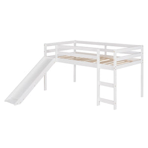 HomeRoots White Four Poster Twin Loft Bed with Slide - Stylish Solid Wood Design for Kids' Rooms & Storage 607018