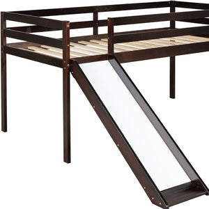 HomeRoots Espresso Four Poster Twin Loft Bed with Slide - Durable Solid Wood, Fun Design for Kids' Rooms 607019