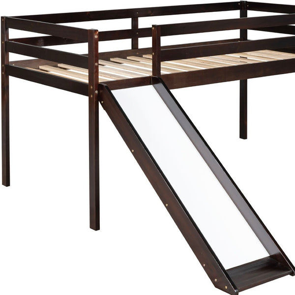 HomeRoots Espresso Four Poster Twin Loft Bed with Slide - Durable Solid Wood, Fun Design for Kids' Rooms 607019