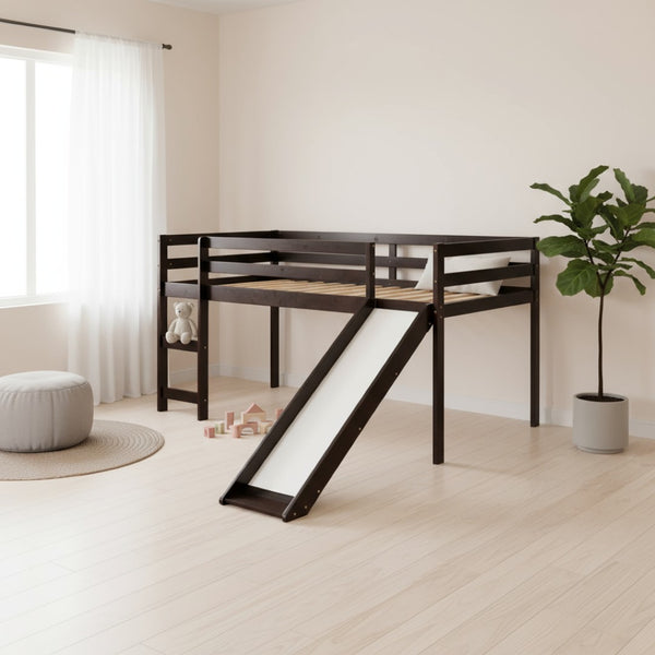 HomeRoots Espresso Four Poster Twin Loft Bed with Slide - Durable Solid Wood, Fun Design for Kids' Rooms 607019