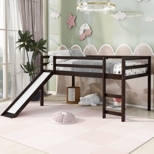 HomeRoots Espresso Four Poster Twin Loft Bed with Slide - Durable Solid Wood, Fun Design for Kids' Rooms 607019
