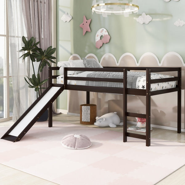 HomeRoots Espresso Four Poster Twin Loft Bed with Slide - Durable Solid Wood, Fun Design for Kids' Rooms 607019