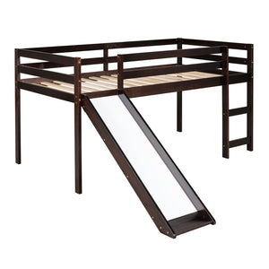 HomeRoots Espresso Four Poster Twin Loft Bed with Slide - Durable Solid Wood, Fun Design for Kids' Rooms 607019