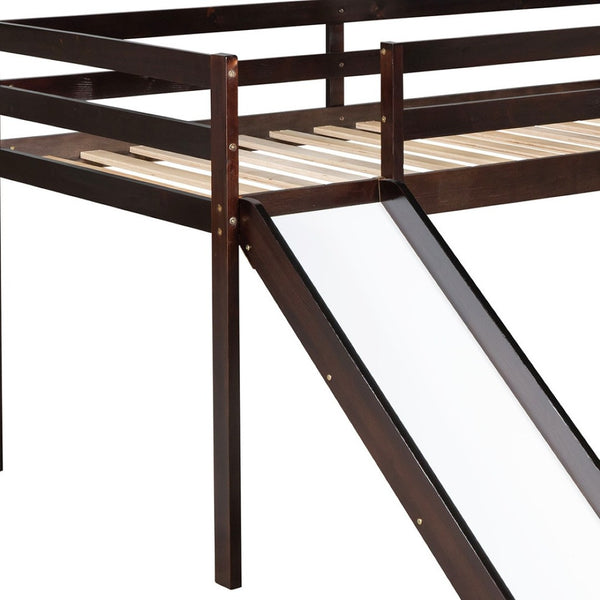 HomeRoots Espresso Four Poster Twin Loft Bed with Slide - Durable Solid Wood, Fun Design for Kids' Rooms 607019