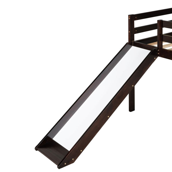 HomeRoots Espresso Four Poster Twin Loft Bed with Slide - Durable Solid Wood, Fun Design for Kids' Rooms 607019