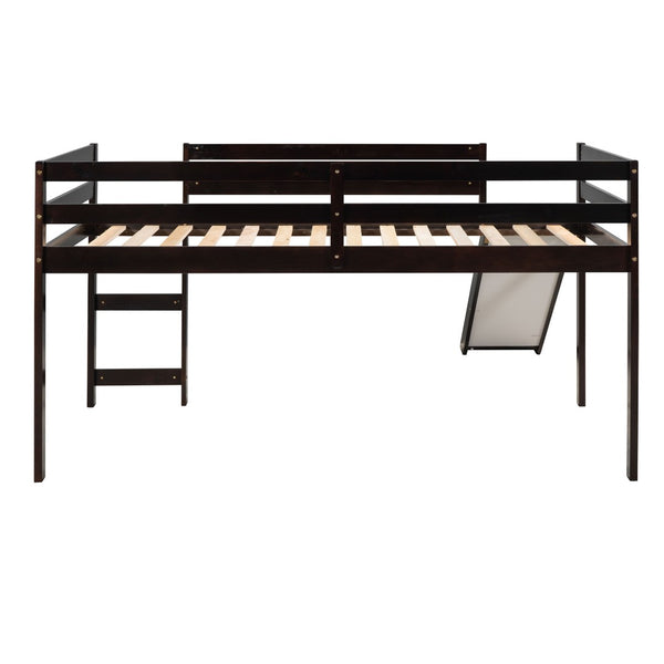 HomeRoots Espresso Four Poster Twin Loft Bed with Slide - Durable Solid Wood, Fun Design for Kids' Rooms 607019