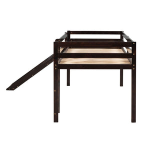 HomeRoots Espresso Four Poster Twin Loft Bed with Slide - Durable Solid Wood, Fun Design for Kids' Rooms 607019