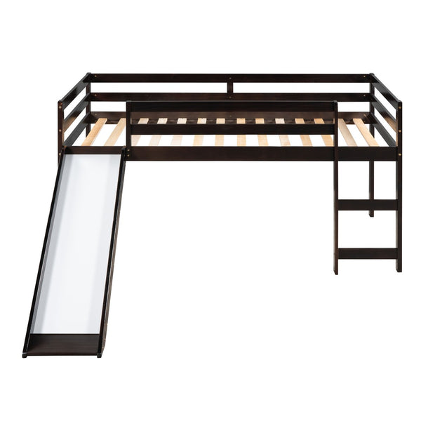 HomeRoots Espresso Four Poster Twin Loft Bed with Slide - Durable Solid Wood, Fun Design for Kids' Rooms 607019