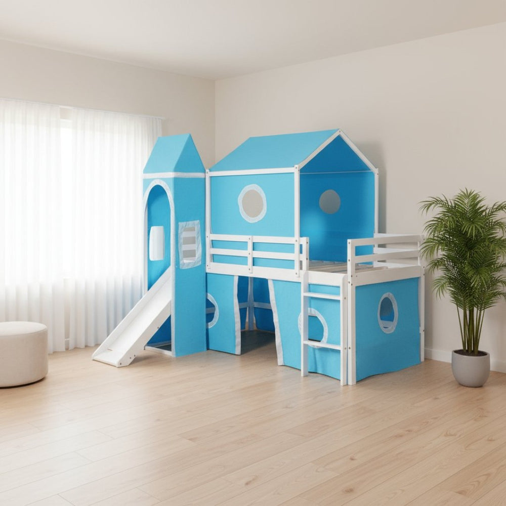 HomeRoots Blue Canopy Solid Wood Twin Loft Bed with Slide - Charming, Durable, Space-Saving Design for Kids' Rooms 607020