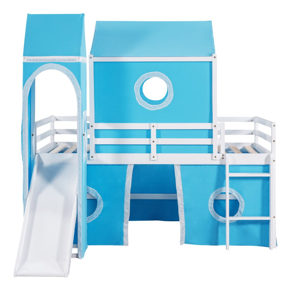 HomeRoots Blue Canopy Solid Wood Twin Loft Bed with Slide - Charming, Durable, Space-Saving Design for Kids' Rooms 607020