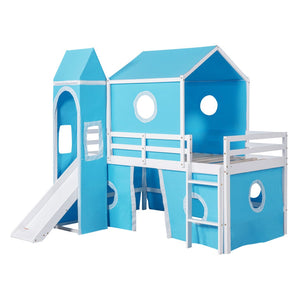 HomeRoots Blue Canopy Solid Wood Twin Loft Bed with Slide - Charming, Durable, Space-Saving Design for Kids' Rooms 607020