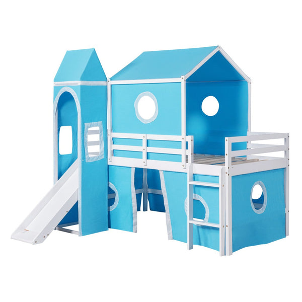 HomeRoots Blue Canopy Solid Wood Twin Loft Bed with Slide - Charming, Durable, Space-Saving Design for Kids' Rooms 607020