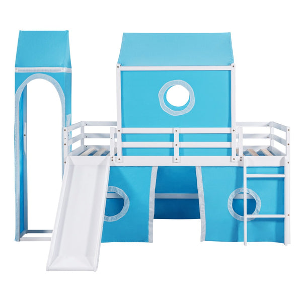 HomeRoots Blue Canopy Solid Wood Twin Loft Bed with Slide - Charming, Durable, Space-Saving Design for Kids' Rooms 607020