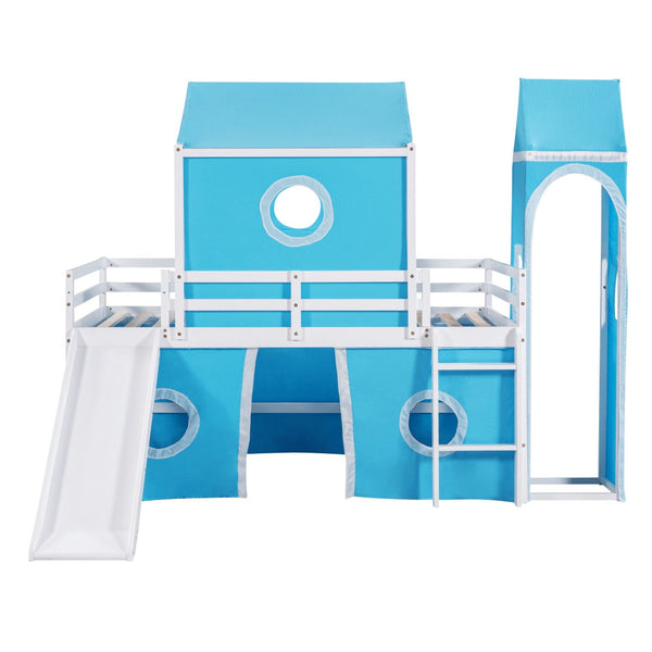 HomeRoots Blue Canopy Solid Wood Twin Loft Bed with Slide - Charming, Durable, Space-Saving Design for Kids' Rooms 607020