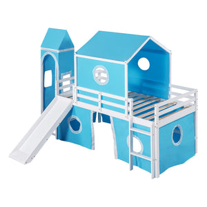 HomeRoots Blue Canopy Solid Wood Twin Loft Bed with Slide - Charming, Durable, Space-Saving Design for Kids' Rooms 607020