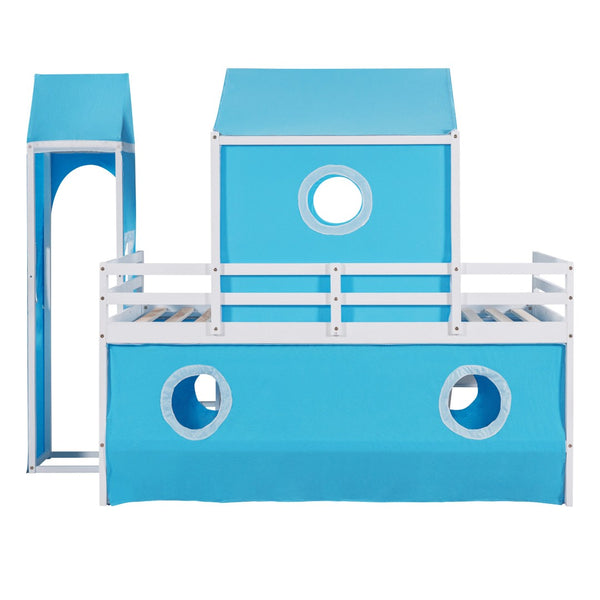 HomeRoots Blue Canopy Solid Wood Twin Loft Bed with Slide - Charming, Durable, Space-Saving Design for Kids' Rooms 607020