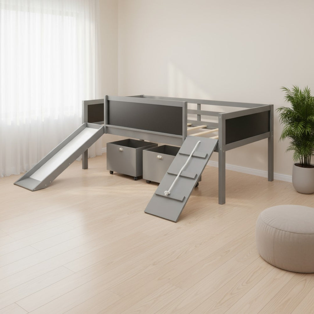 HomeRoots Gray Twin Loft Bed with Slide - Durable Solid Wood Design for Fun, Playful & Space-Saving Bedrooms 607021