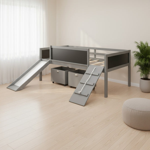 HomeRoots Gray Twin Loft Bed with Slide - Durable Solid Wood Design for Fun, Playful & Space-Saving Bedrooms 607021
